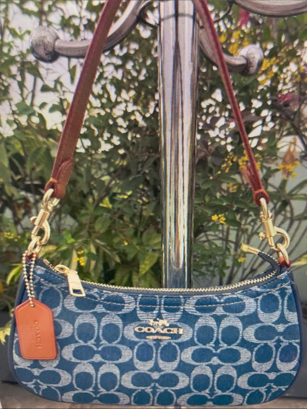 Coach Blue Signature Jacquard Mini Shoulder Bag With Brown Strap